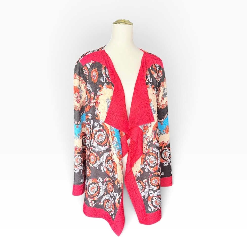 Joni B Size L Reversible Red Multicolor Cascade Cardigan Jacket Boho Open Front